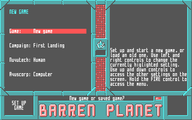 Barren Planet: New Game Screen