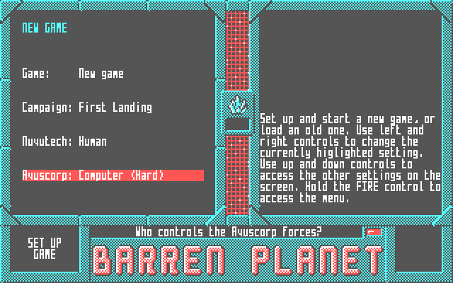 Barren Planet: Set-up Game screen with difficulty levels shown